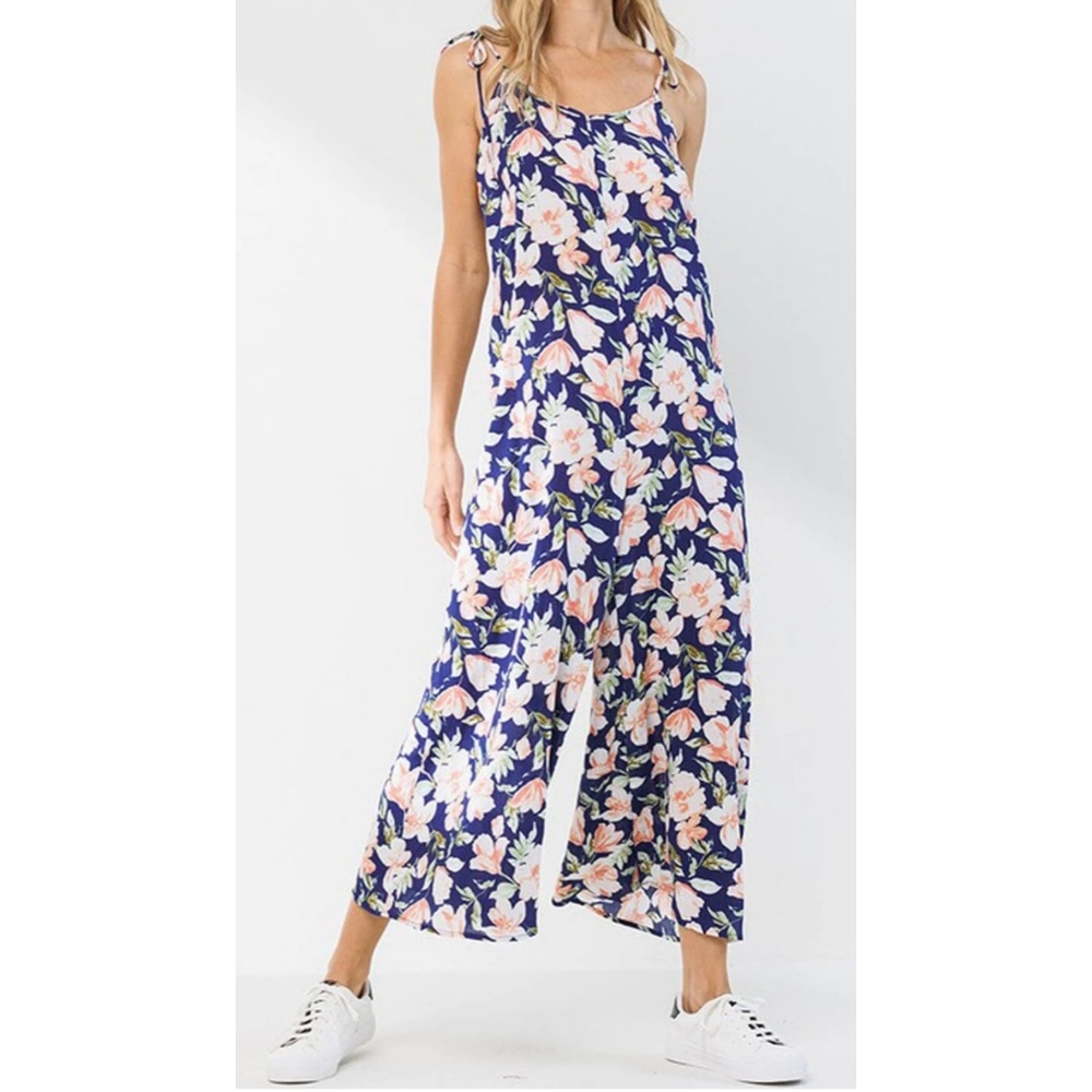 Flowy boho navy floral wide leg jumpsuit with self tie spaghetti straps